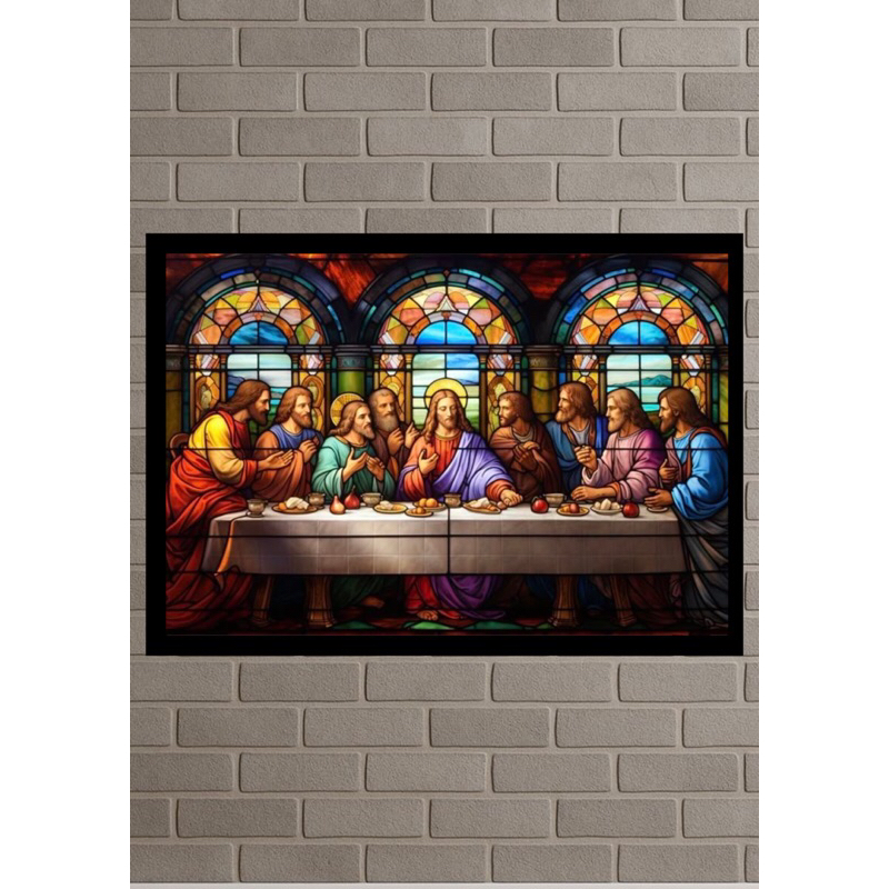 Quadro Decorativo A Última Ceia Vitrais | Arte Religiosa Jesus e Apóstolos | Sala, Quarto | Estilo Clássico Cristão