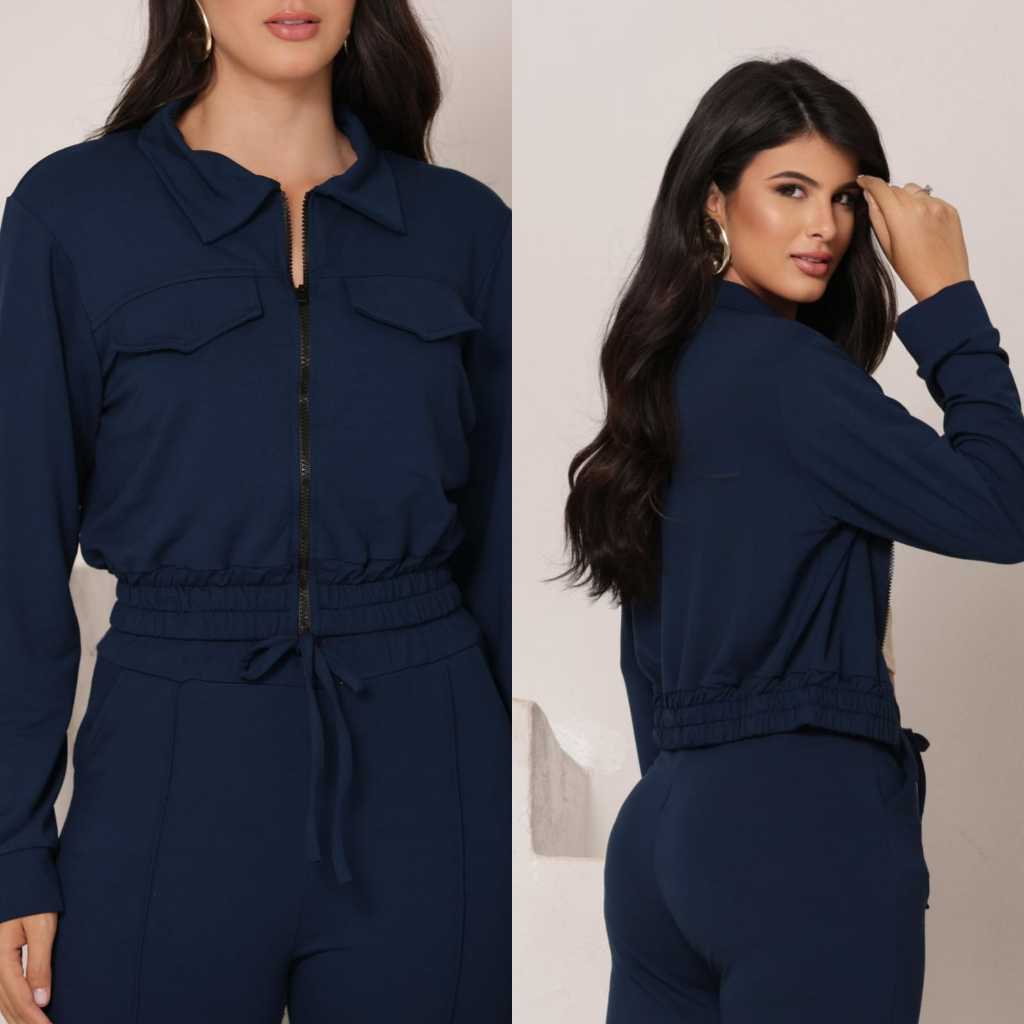 Conjunto Feminino Calça Pantalona Moletinho Jaquetinha Feminina Blusa Cropped Básica Confortável