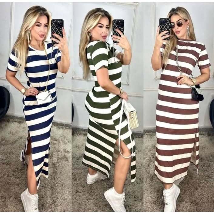 Vestido femenino longo despojado listrado estampa tamanho P M G GG G1 G2 com manga curta fendas laterais moda verão 2025