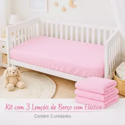Kit 3 Lençol Berço Americano Percal 400 Fios Macio com Elástico 130x70cm Menina e Menino