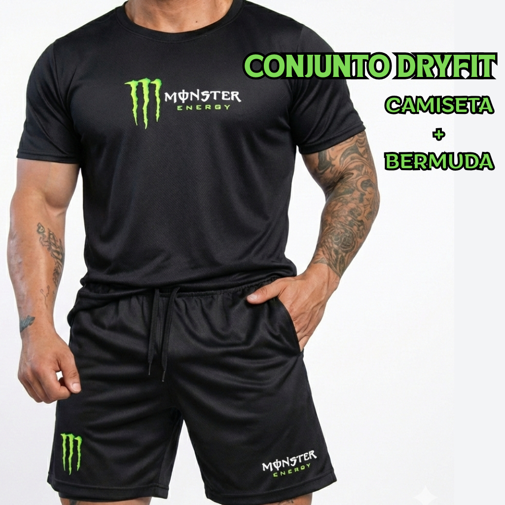 Conjunto Camiseta + Bermuda Compressão Monster Masculina DryFit - Treino Acadêmia Esporte Crossfit