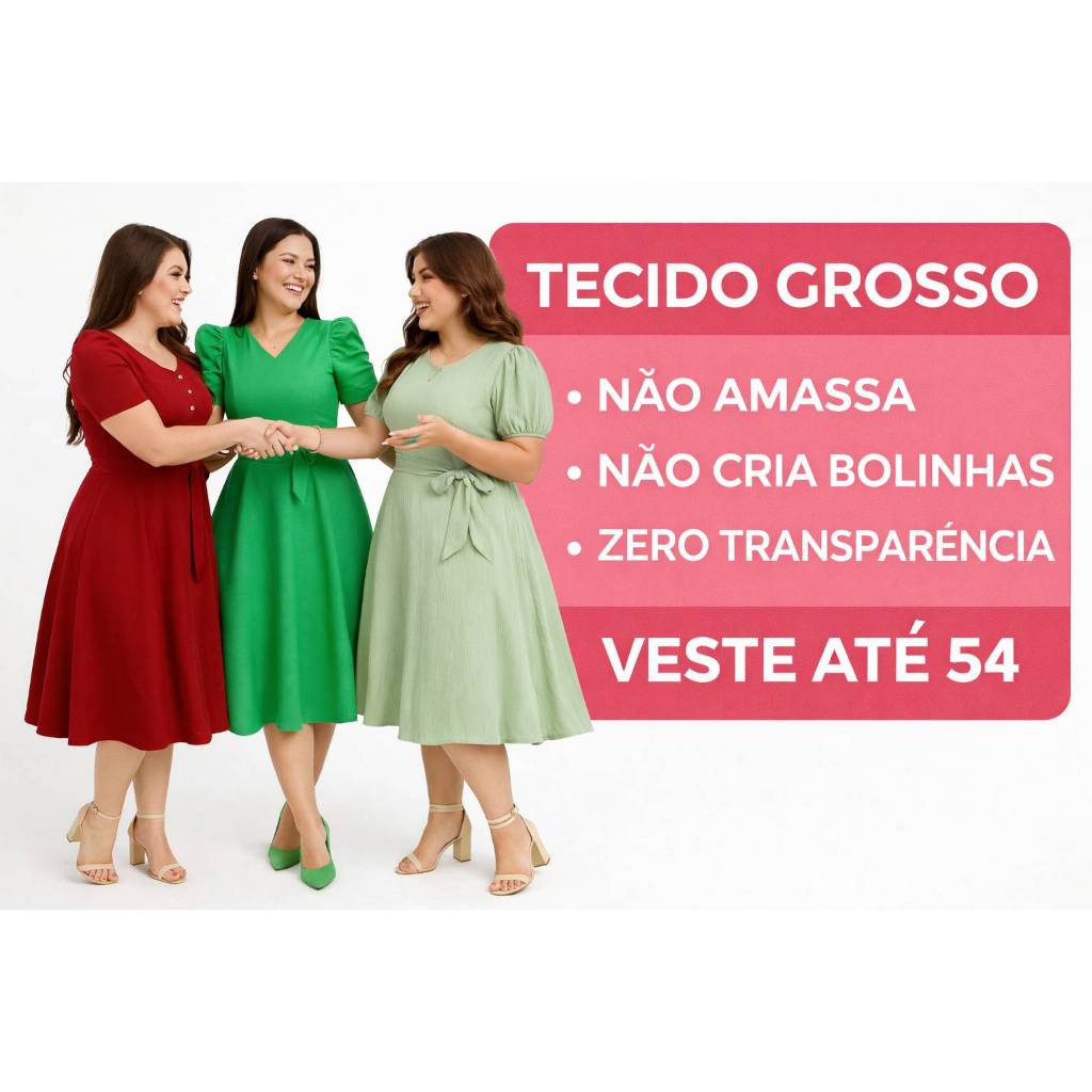 VESTIDOS PLUS SIZE MIDI RODADO GODÊ MODA EVANGÉLICA UNIFORME PARA FARDAMENTO EVANGÉLICO VERDE VERMELHO COMPORTADO