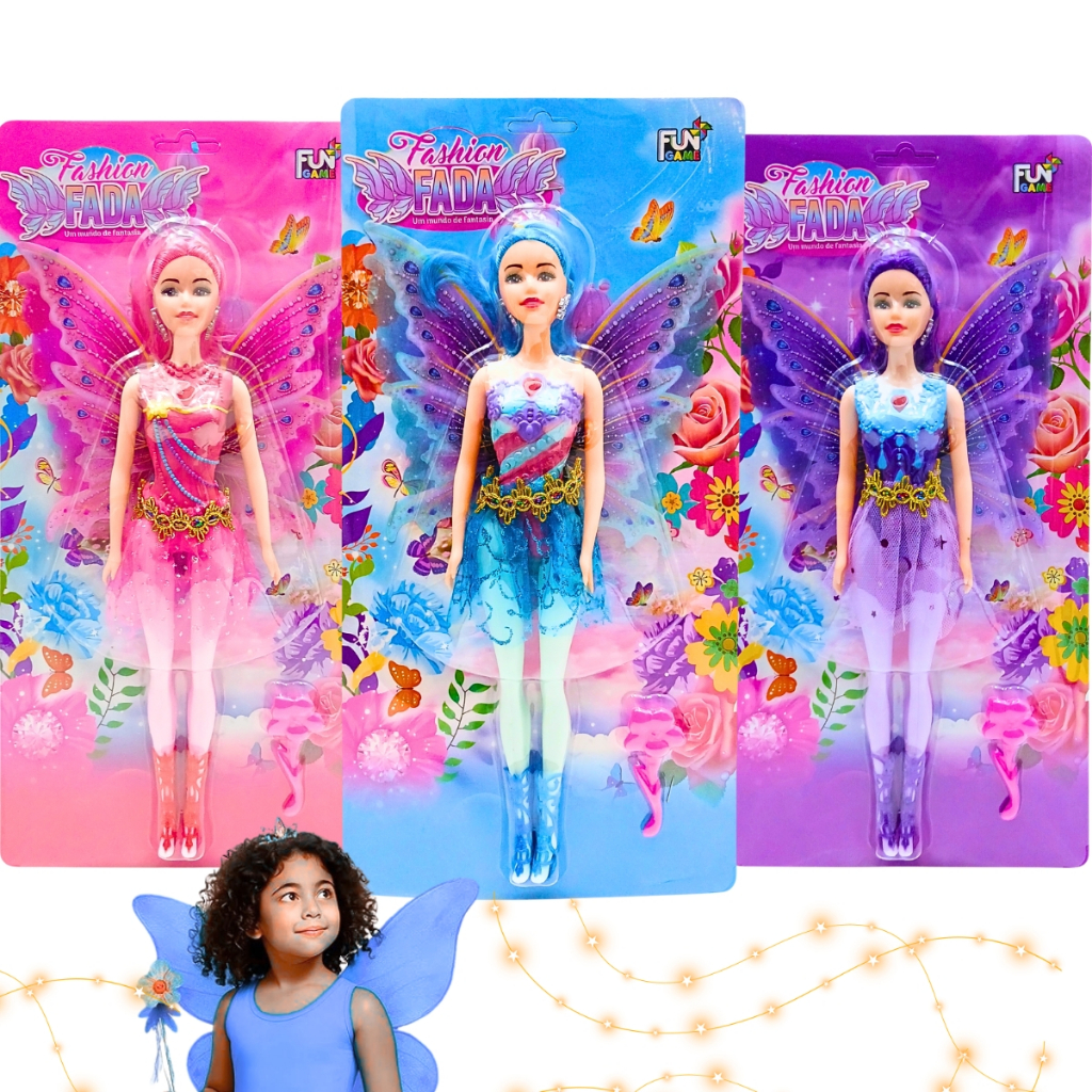 Boneca Princesa Fada Articulada Kit com 3 Bonecas Com Asas Cabelo Colorido Brinquedo Menina Atacado