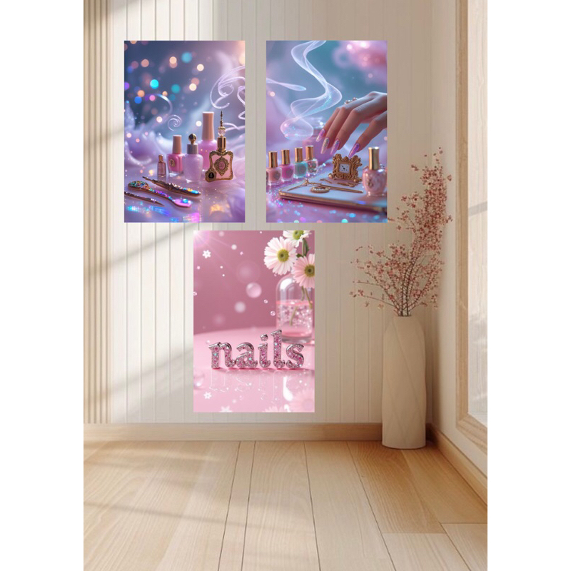 Kit 3 Quadros Decorativos Nails Rosa Glamour – Salão de Beleza, Esmalteria, Nail Designer, Feminino Luxo Decorativo