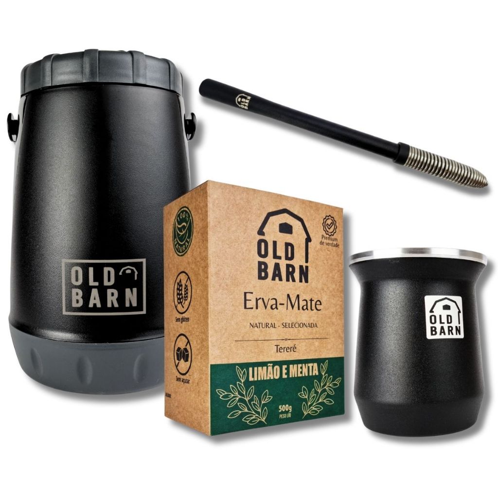 Kit Tereré Old Barn Completo Preto Garrafa 2,5L Cuia De Alumínio 300ml Bomba Com Filtro De Mola Inox Erva 500g Cor Black