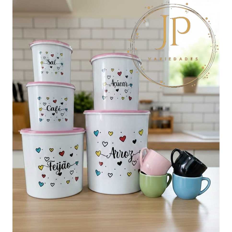 Jogo Kit Cozinha Completo 9 Peças: Jogo de Mantimentos 5 Potes + Jogo 4 Xicaras De Porcelana- Chá Paris Coloridas