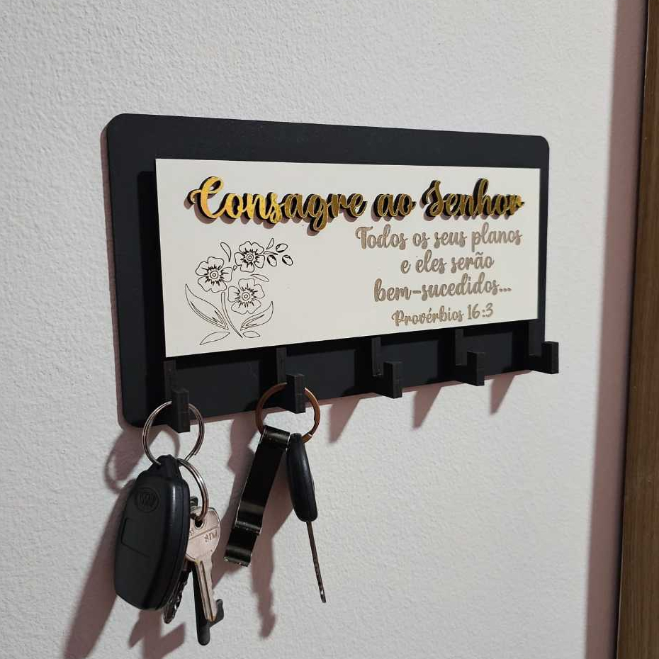 Porta-Chaves e Cartas Decorativo MDF 5 ganchos