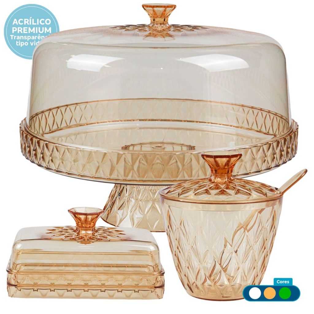 Boleira Com Tampa Borda Alta e Pé Com Açucareiro e Manteigueira Em Acrílico Resistente BPA Free em Oferta na Shopee