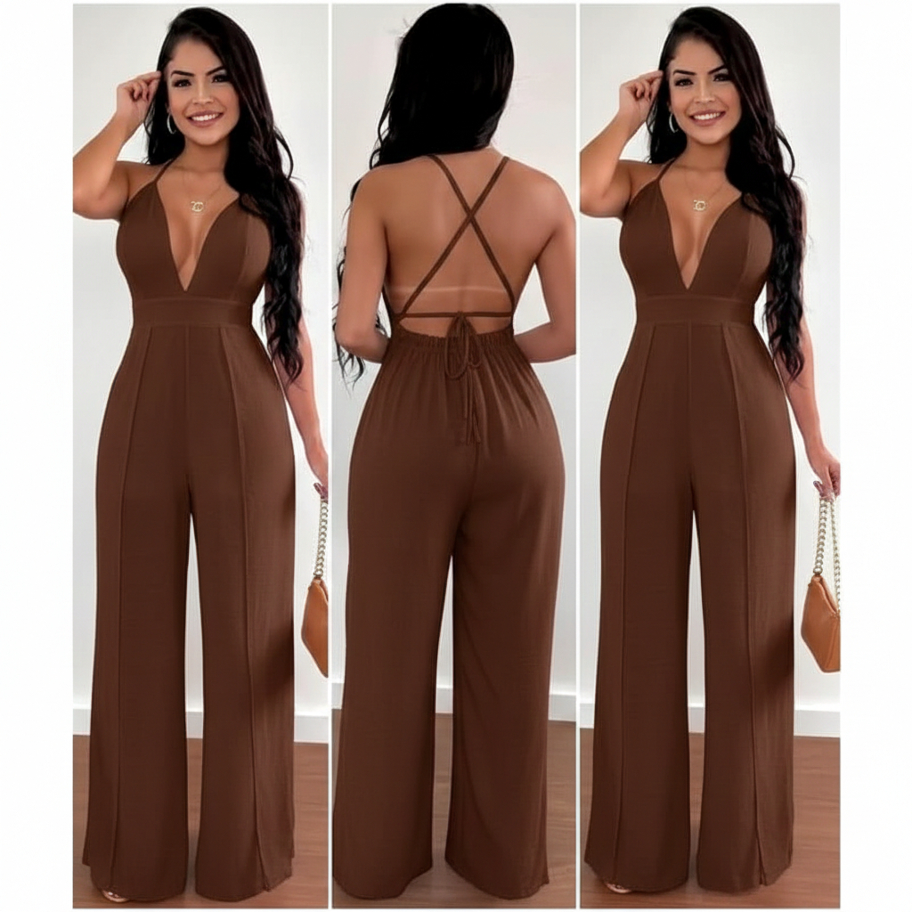 Macacao Feminino Longo Decotado Alcinha 2 Fendas Pantalona  Caimento Amplo Elegante