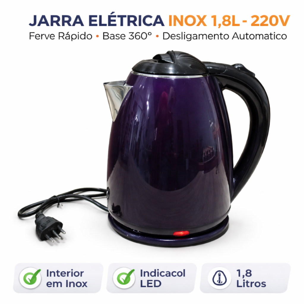 Jarra Elétrica Inox 1,8L Ferve Água Rápido Base 360° Desligamento Automático 220V Chaleira Roxa