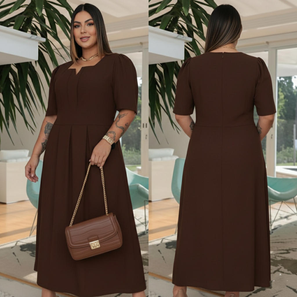 Vestido Longo Plus Size com Decote Quadrado e Recorte em V – Com Bolsos E em Oferta na Shopee