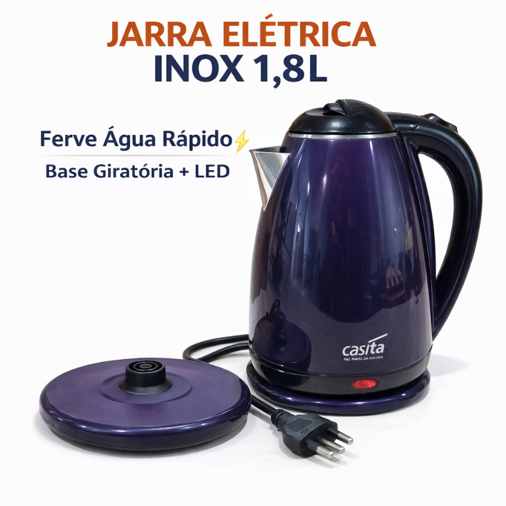 Jarra Elétrica Inox 1,8L Ferve Água Rápido Base 360° Desligamento Automático 220V Chaleira Roxa