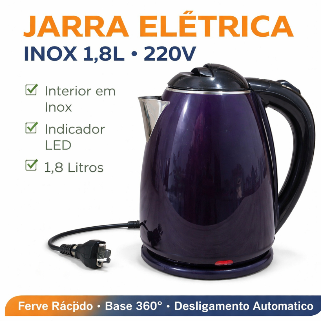 Jarra Elétrica Inox 1,8L Ferve Água Rápido Base 360° Desligamento Automático 220V Chaleira Roxa em Oferta na Shopee