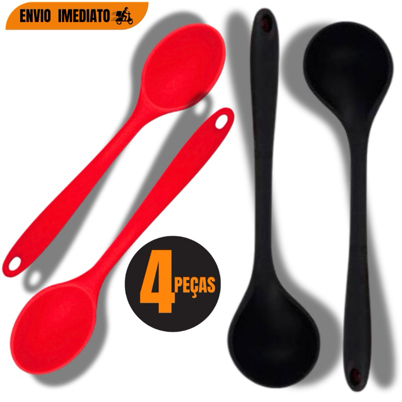 Kit Concha Feijão  Colher iDe Arroz De Silicone Sopa Para Cozinha Linha Premium Vermelho Preto