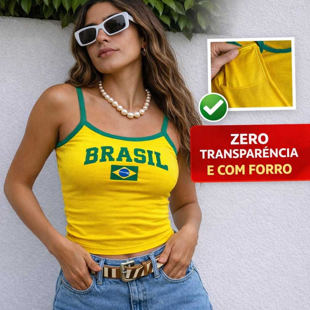 Regata Brasil Feminina Estilosa Blusa Verde Amarela Estampada Com Elasticidade Confortável Ajustável