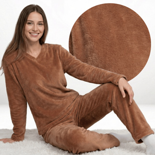 Pijama Feminino Soft Plush Quentinho Liso Gola V Inverno em Oferta na Shopee
