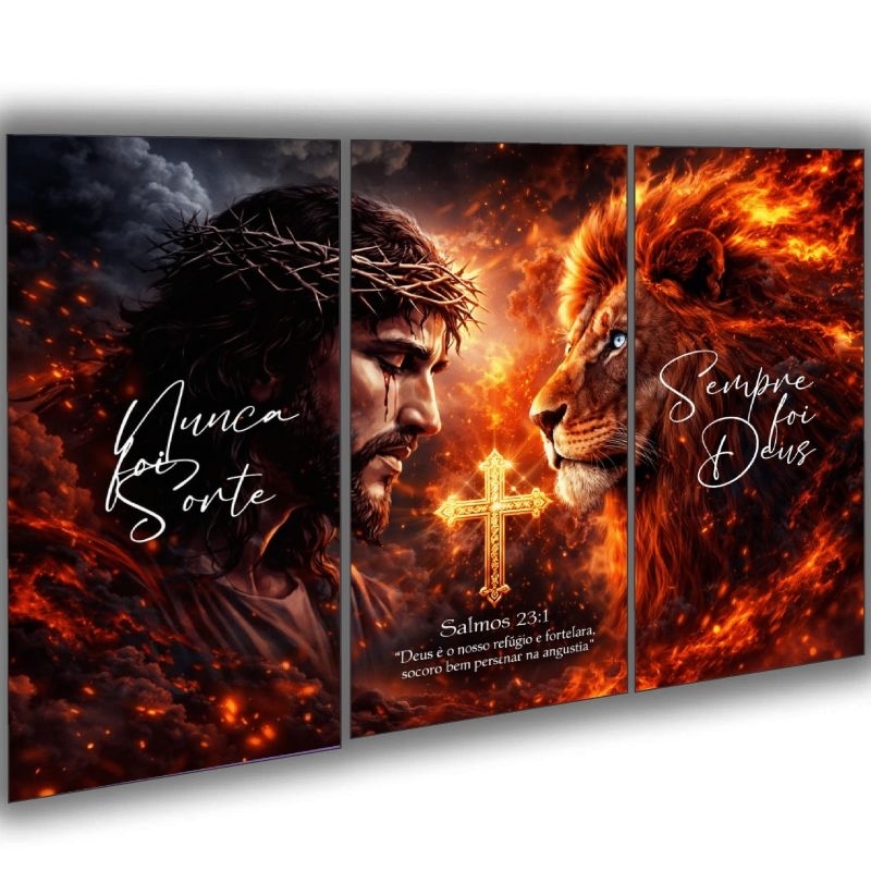 Quadros Decorativos Jesus e Leão De Judá Religioso Nunca Foi Sorte Sempre Foi Deus 3 Peças Para Sala Quarto Escritóri