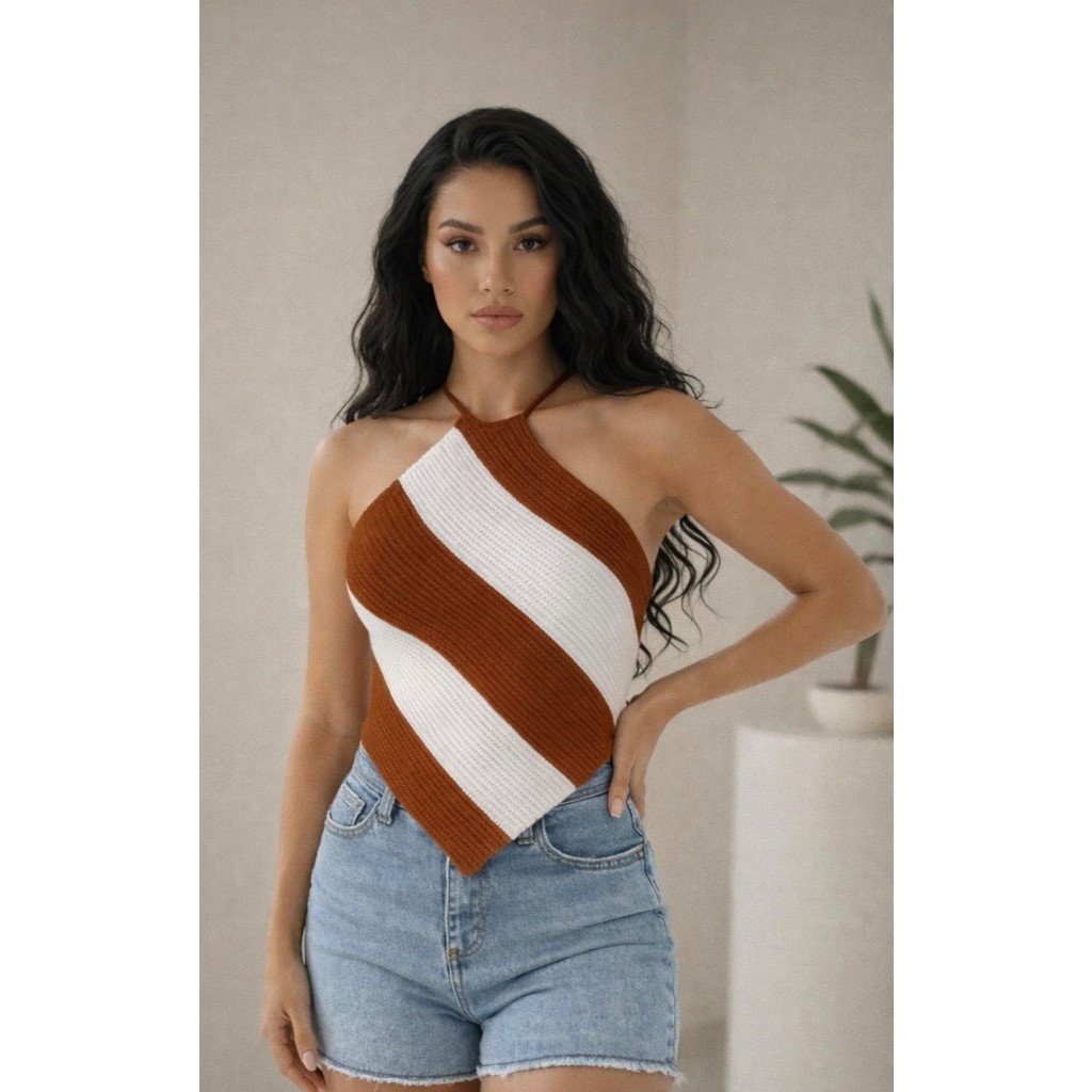 Blusa Tricô Modal Frente Única Listrado com Bico e Amarração nas Costas