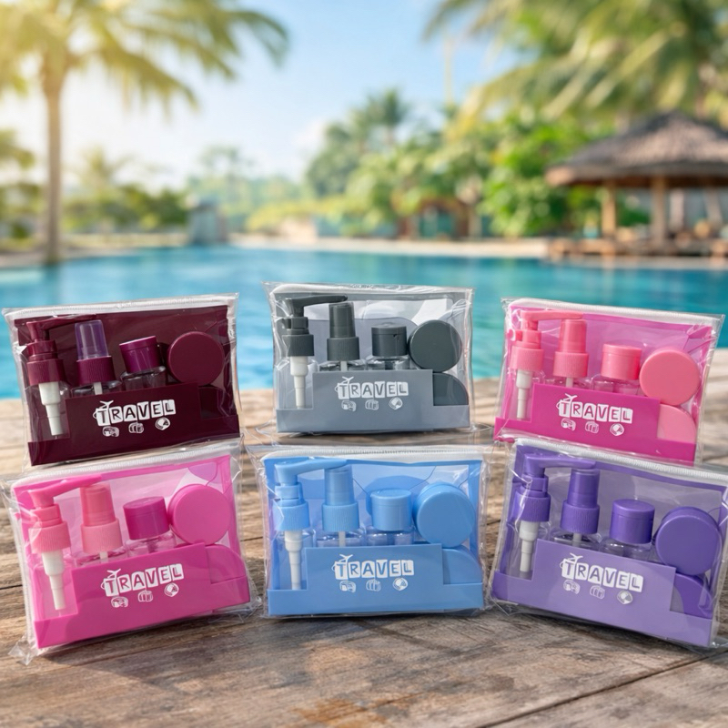 Kit Frascos Viagem 5 Peças + Necessaire Transparente Cores Sortidas Ideal para Mala e Avião