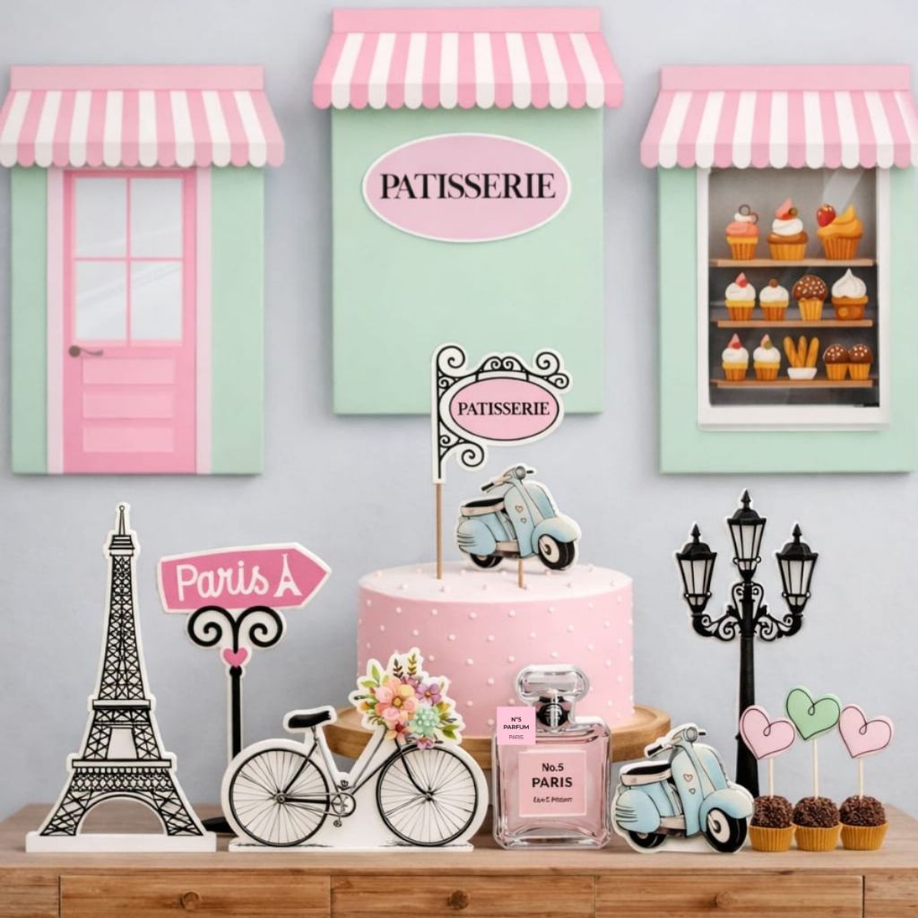 Kit Festa Paris/Patisserie Personalizado Aniversário/Mesversário Menina Painel + Toppers + Display de Mesa em Oferta na Shopee