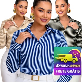 Camisa Listrada Feminina Plus Size Elegante em Crepinho – M ao G1 em Oferta na Shopee