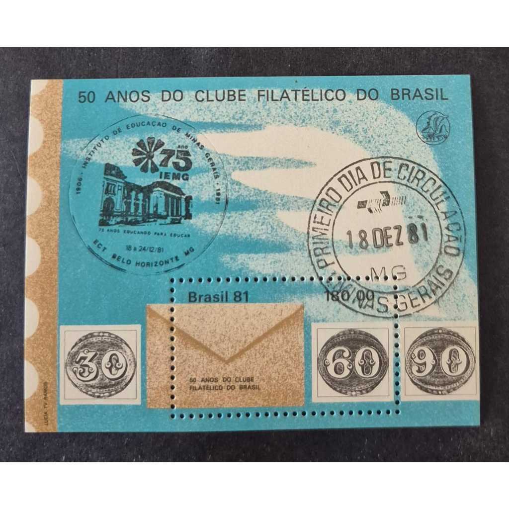 Bloco selo dos correios B49-50 Anos Do Clube Filatélico Do Brasil.Com carimbo de 1ºdia de circulação