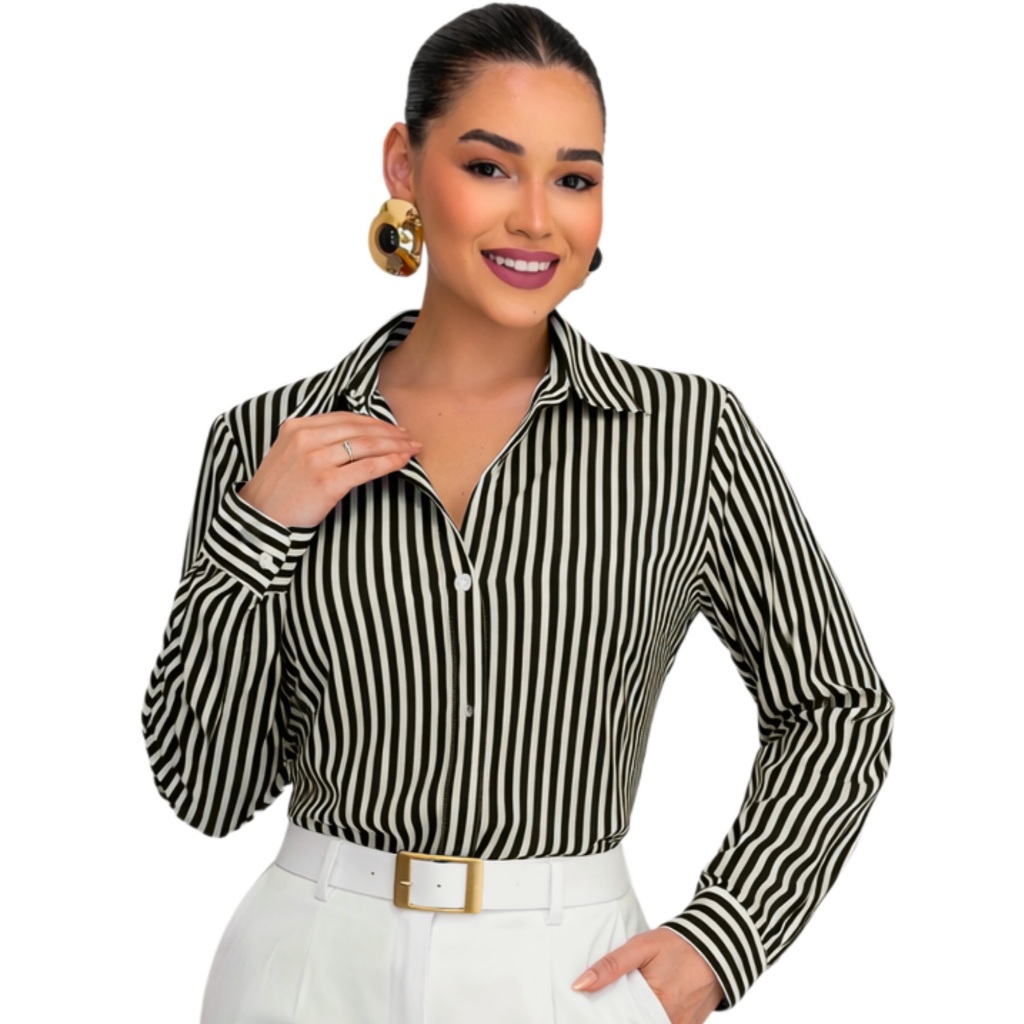 Camisa Feminina Listrada para Trabalho em Crepinho – M ao G1 em Oferta na Shopee