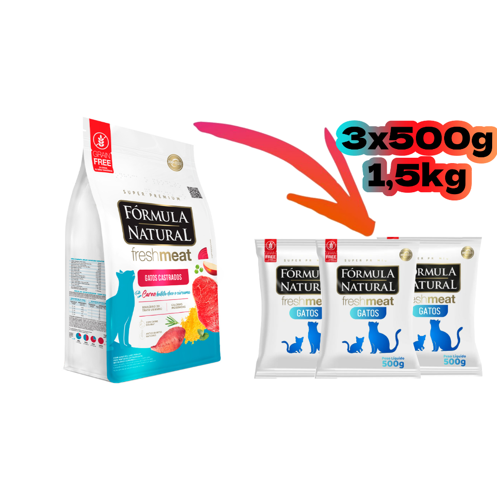 Kit 3 x 500g Gatos Castrados Sabor Carne Fórmula Natural Fresh Meat - Super Premium Feita Com Carne Fresca FreshMeat
