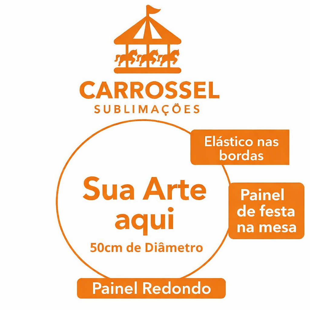 Capa Painel de Festa na Mesa Redondo Sua Arte aqui Tecido Sublimado com Elástico nas bordas 50x50cm.