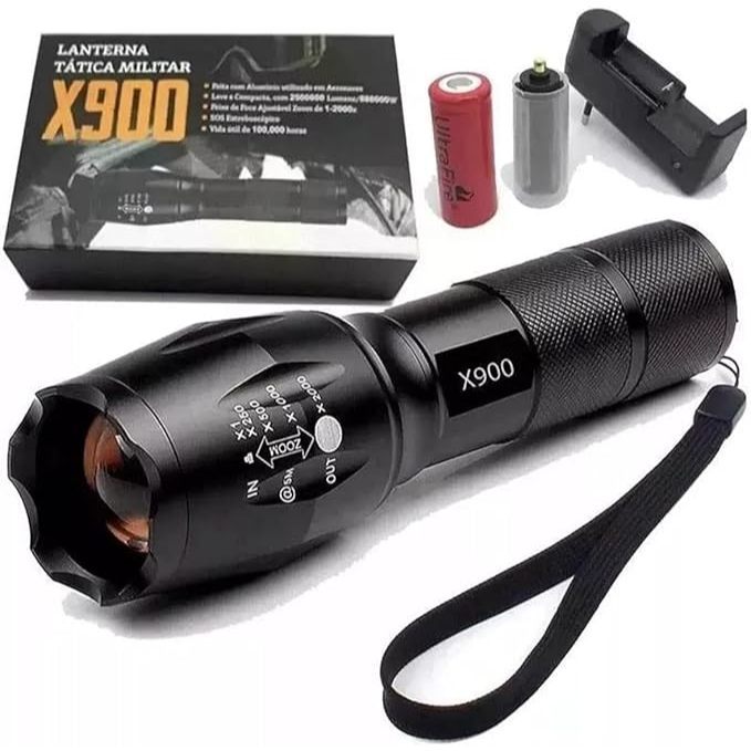 Lanterna Tática Militar X900 - Impermeável, Zoom Ajustável e Bateria Recarregável
