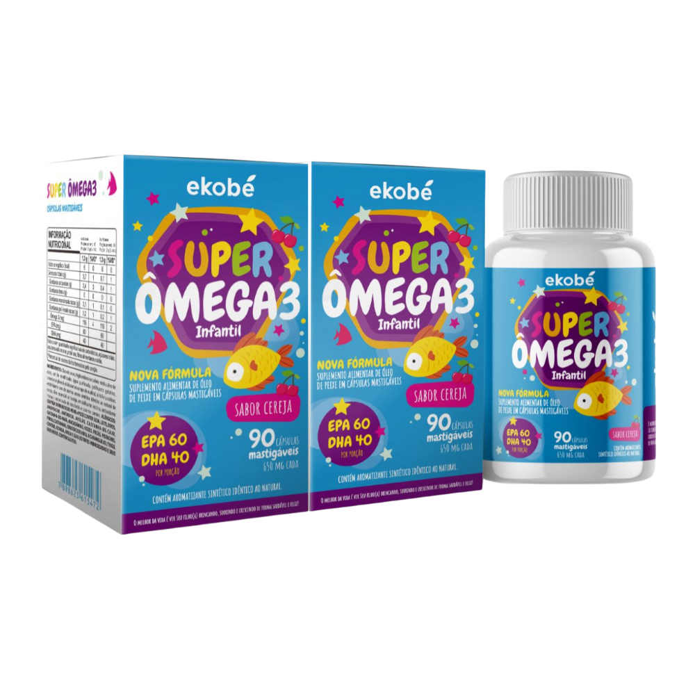 KIT 2 Ekobé Super Ômega 3 Infantil DHA + EPA | Imunidade e Desenvolvimento | 90 Mastigáveis Sabor Cereja