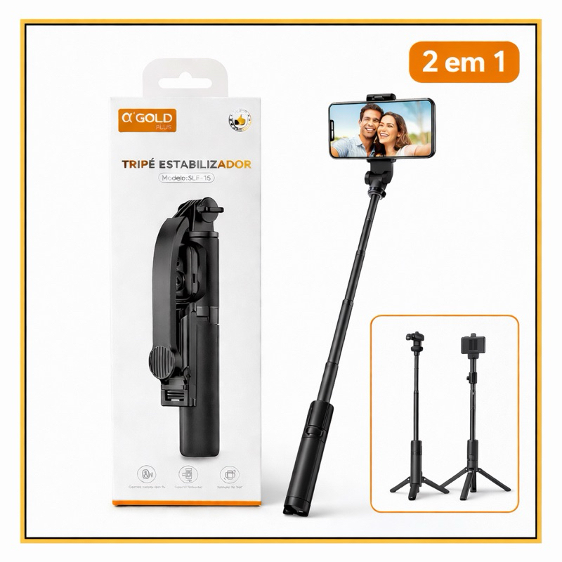 Tripé Estabilizador 2 em 1 Original A’Gold Bastão Pau de Selfie e Tripé Retrátil Controle Bluetooth
