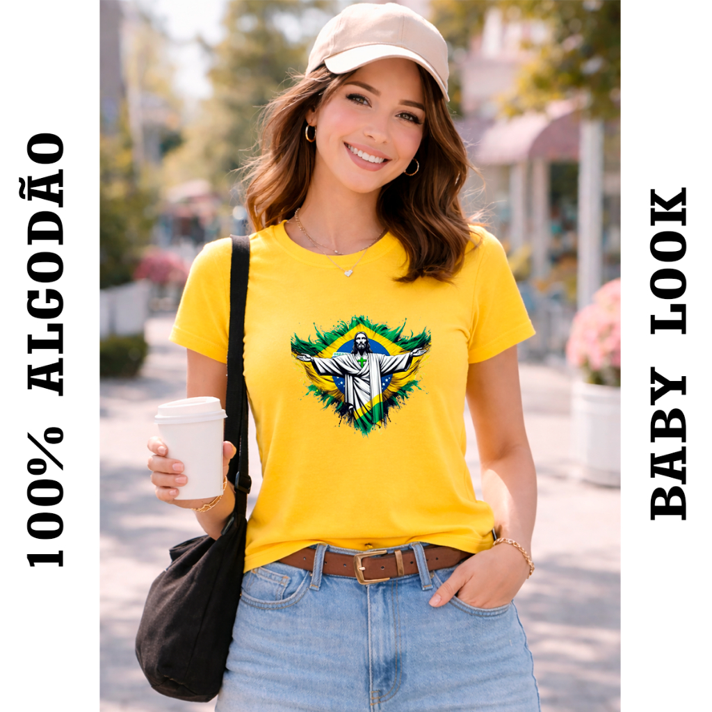 Camiseta Baby Look Brasil Cristo Redentor Copa Seleção Confortável Feminina Camisa Algodão