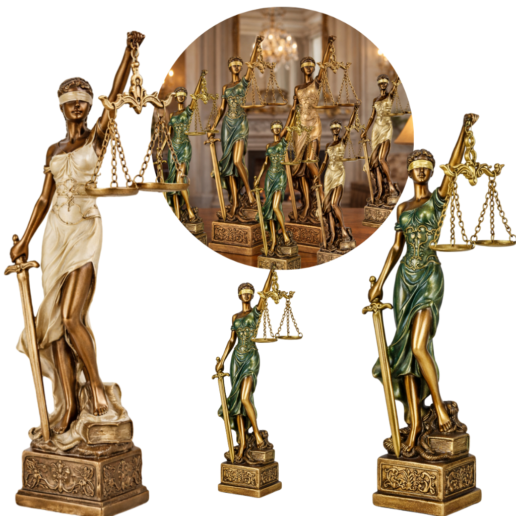 01 -Estátua Deusa Da Justiça Temis  Decorativa De Resina Escultura Dama Do Direito na Cor Verde e Marfim