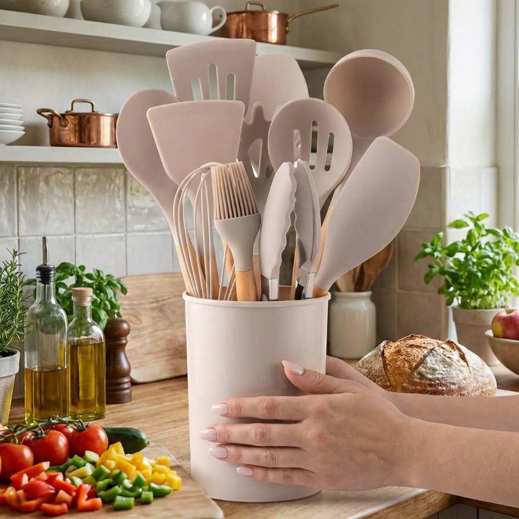 kit Conjunto de Utensílios de Cozinha Premium GRANDE BEGE CAQUI PRETO 12 Peças Silicone