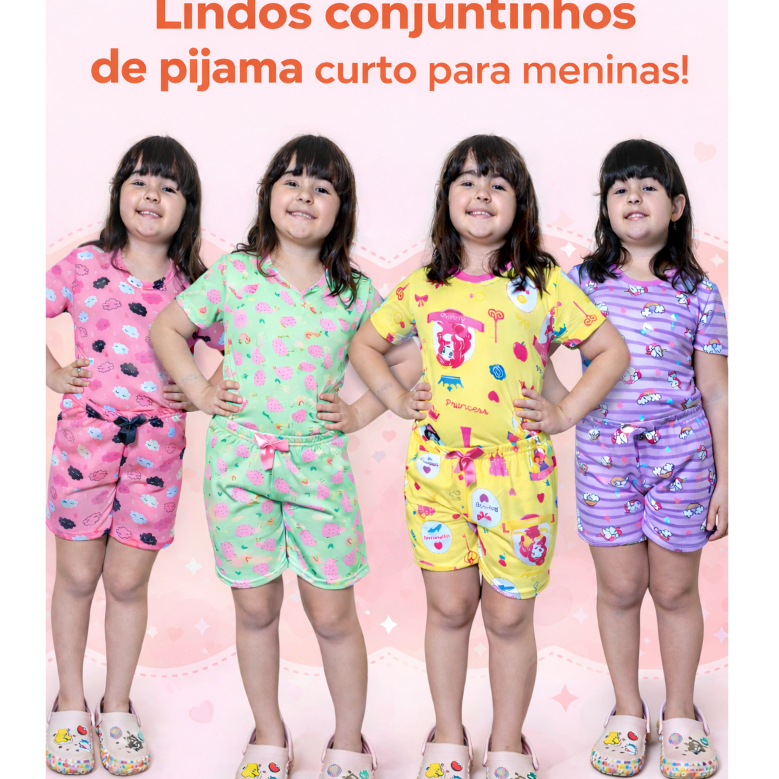 Pijamas Infantis para Meninas Confortáveis e Cheios de Estilo Estampas Sortidas Manga Curta Feminino Verão