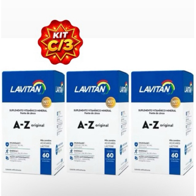 Lavitan A-Z Multivitamínico c/60 - Fórmula Rica em Ferro e Ac Fólico - Suplemento Vitamínico e Mineral - KIT C/3 ou C/2