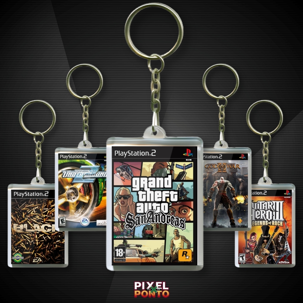 Chaveiro Acrílico Capa de Jogo PS2 Nostalgia - GTA Bomba Patch God of War Resident Evil 4 +50 Jogos