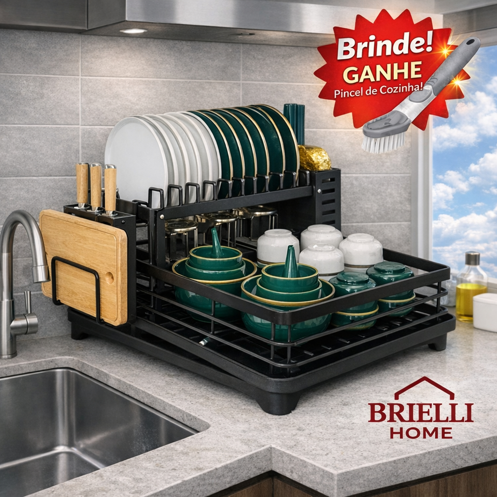 Escorredor de Louça Organizador de Pia Duplo Aço Carbono Com Porta Copos Talheres – Brielli Home