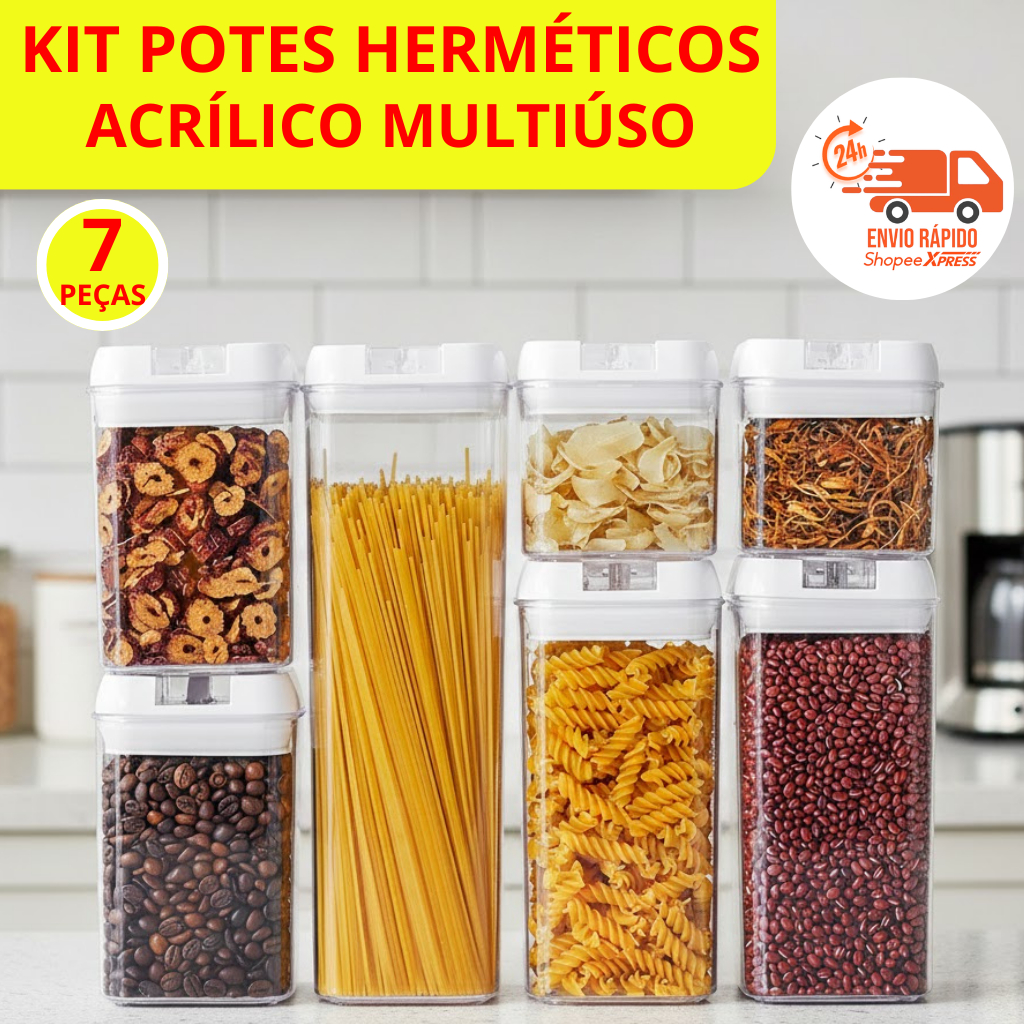 Kit Potes Acrílico Hermético Com Tampa 7 Peças Empilháveis Cristal Transparente Organizadores