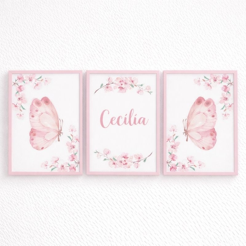 Kit 3 Quadros Decorativos Infantil Floral Rosa Com Nome Personalizado – Decoração Quarto Menina em Oferta na Shopee