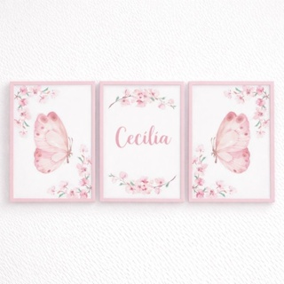 Kit 3 Quadros Decorativos Infantil Floral Rosa Com Nome Personalizado – Decoração Quarto Menina em Oferta na Shopee