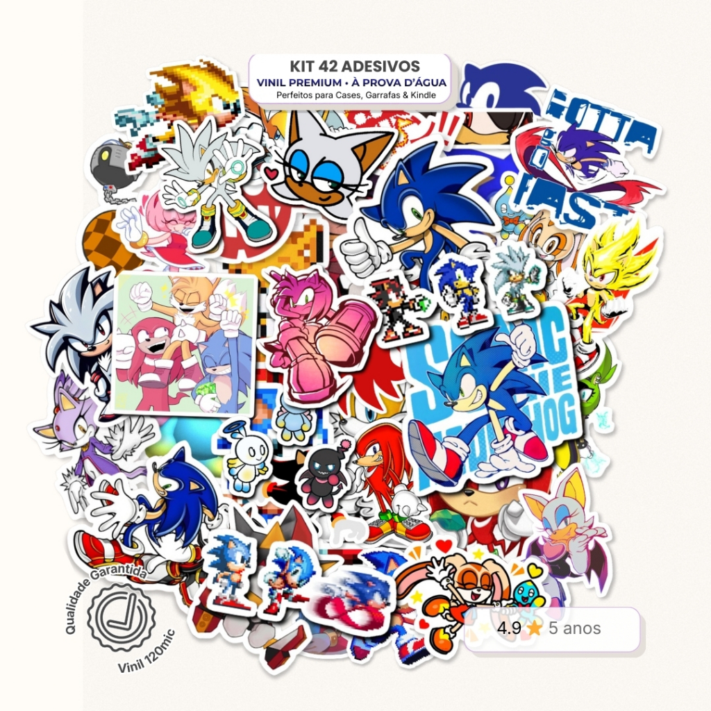Kit 42 Adesivos Sonic Ouriço – Stickers Vinil à Prova D’Água Sonic & Sua Turma Knuckles Shadow