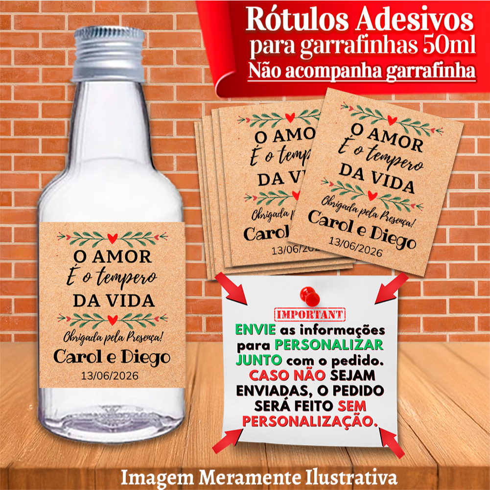 Rótulos Adesivos Personalizadas para Garrafinhas de 50ml "O amor é o tempero da vida" para lembrancinhas de Casamento