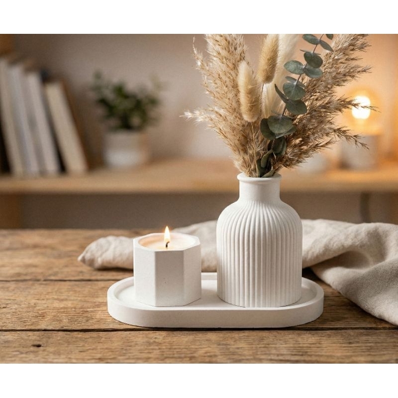 kit Conjunto Decorativo Minimalista - Bandeja, Vaso e Porta Vela para Sala ou Quarto