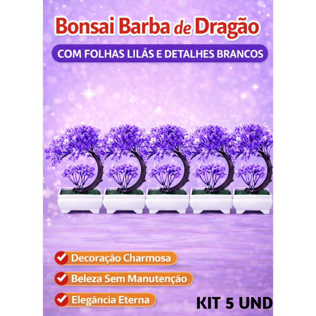Kit 5 Bonsai Barba de Dragão Lilás Destaque Absoluto na Decoração – Não Precisa de Cuidados