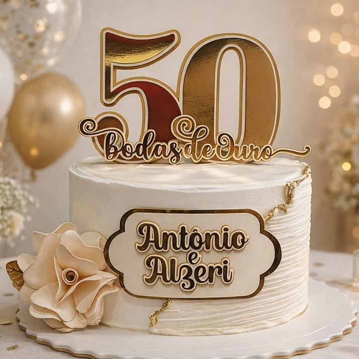 Topo/Topper de Bolo personalizável - Bodas de ouro/ 50 anos de Casamento 3D Camadas - ENVIO IMEDIATO