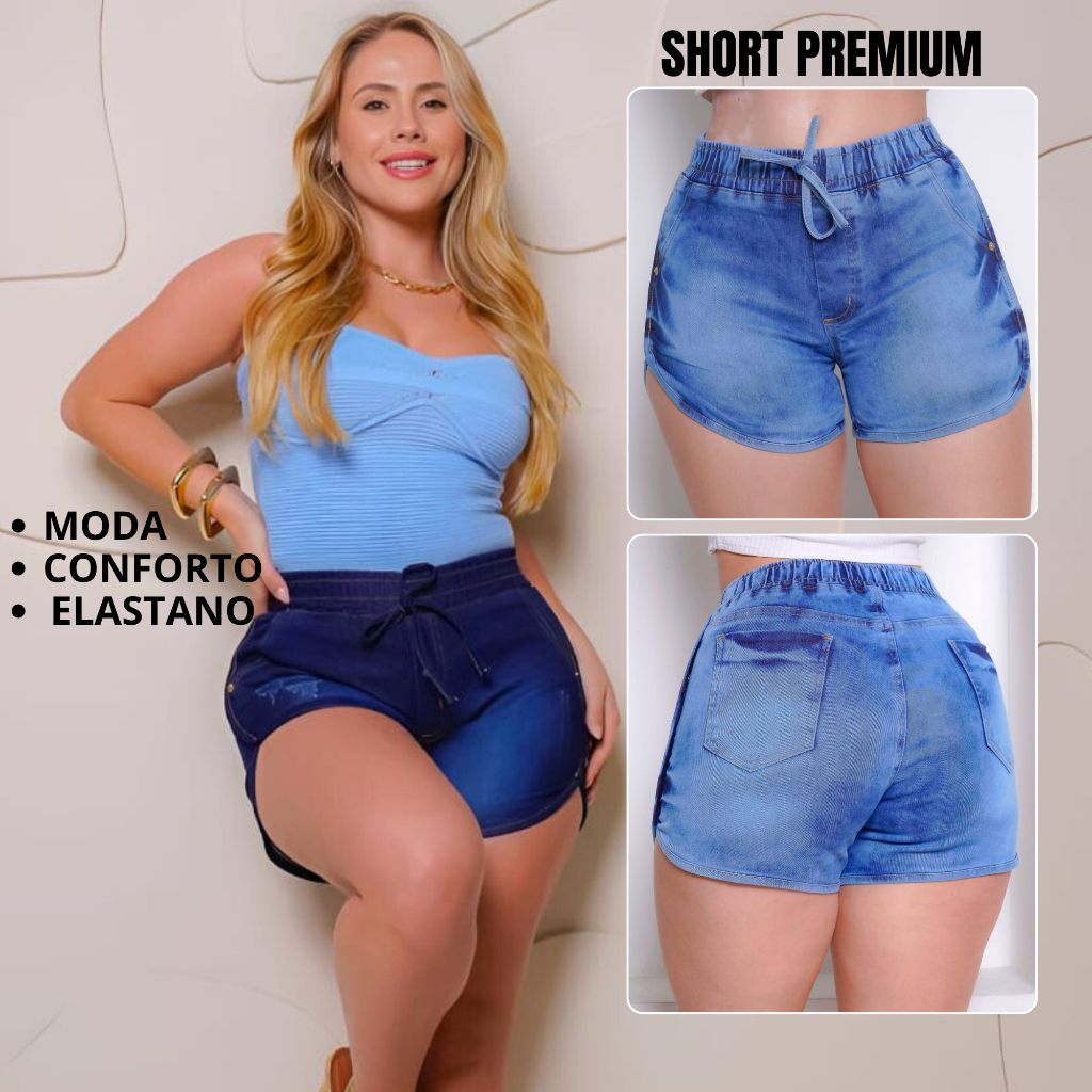Short Jeans Feminino c/ elástico na cintura com lycra elastano confortável moderno