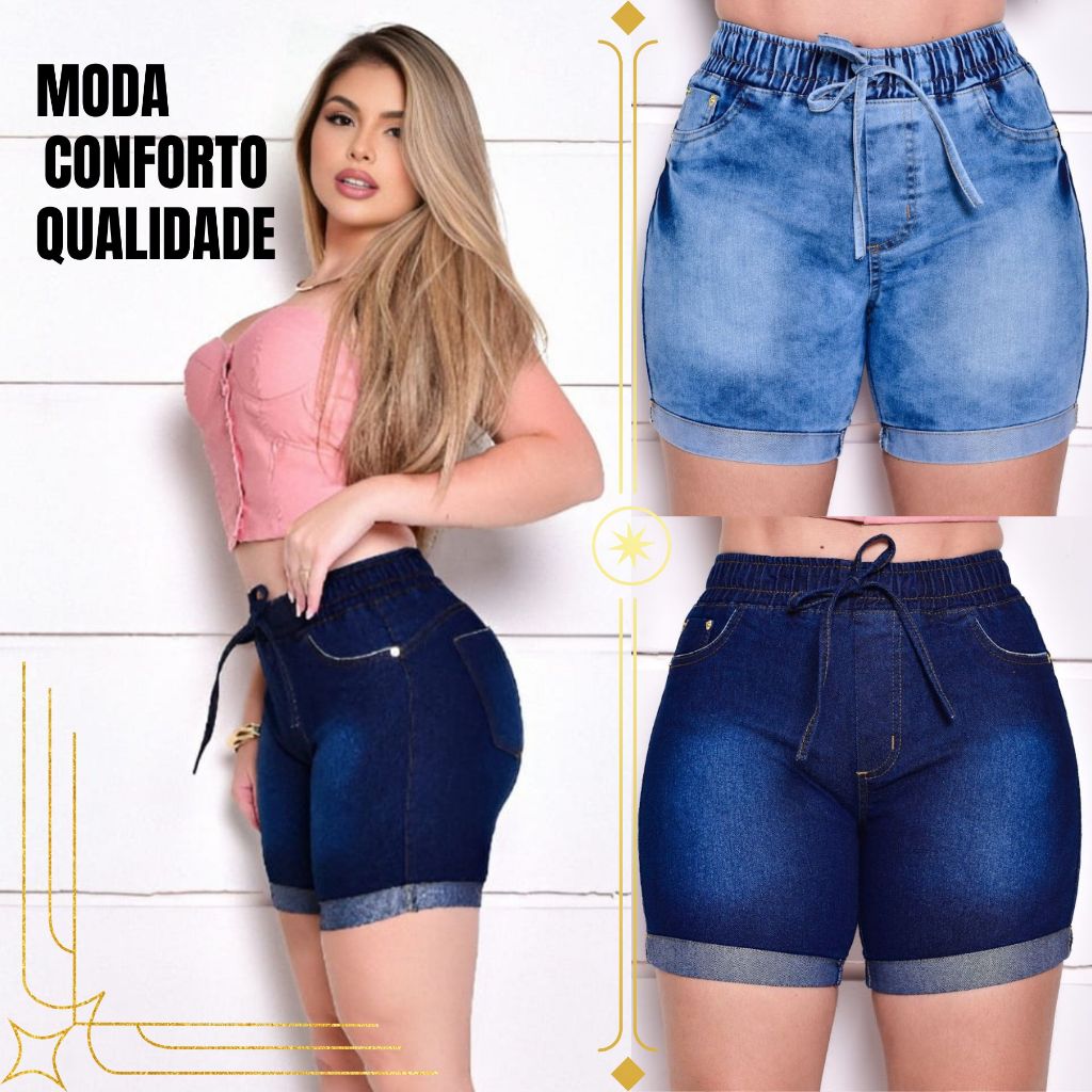 Bermuda Meia Coxa Feminina com Elástico na Cintura com Lycra elastano Confortável e moda em Oferta na Shopee