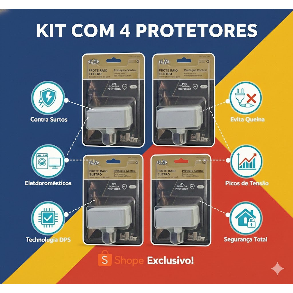 Kit com 4 Protetores de Raio PW Eletro 2 Tomadas 10A Pino fino - O Mais Vendido!